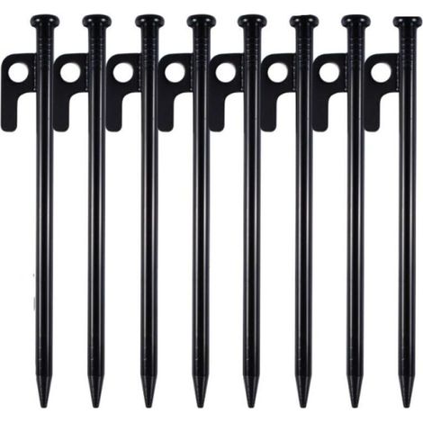 Piquets de Tente Robustes, 8 Pièces 20cm Piquet de Camping, Sardines Camping avec Crochet Et Trou, Piquet de Fixation pour Tente, Noir Piquets D'auvent, Piquets de Tente en Acier Forgé