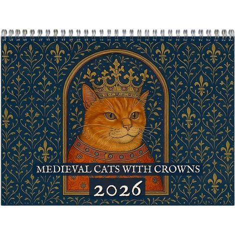 Calendrier 2026 : Chats médiévaux couronnés - Illustrations de félins royaux sur 12 mois - Décoration murale pour la maison et le bureau (1/4)