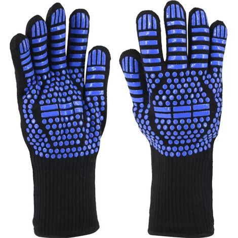 Gants anti-chaleur 800°C - Gants résistants à la chaleur - Antidérapants - Pour barbecue, four, soudage et pâtisserie - 30 cm - Bleu (1/5)