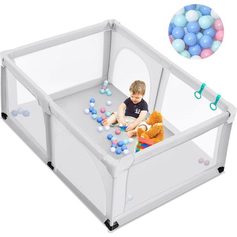 COSTWAY Box per Bambini, Centro Attività Portatile e Sicuro per Bambini, Box Colorato con Cancello, Recinto Extra per Interno ed Esterno con Rete Traspirante Durevole (Grigio)