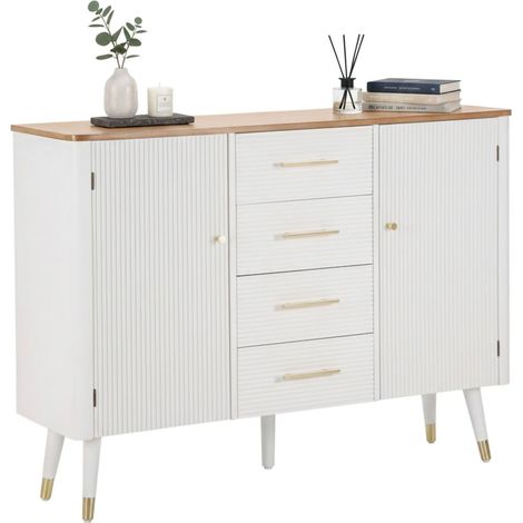Dmora - Credenza Clement, Buffet da soggiorno, Madia da salotto, Dispensa da cucina, 117x37 h90 cm, Bianco e Marrone (1/5)