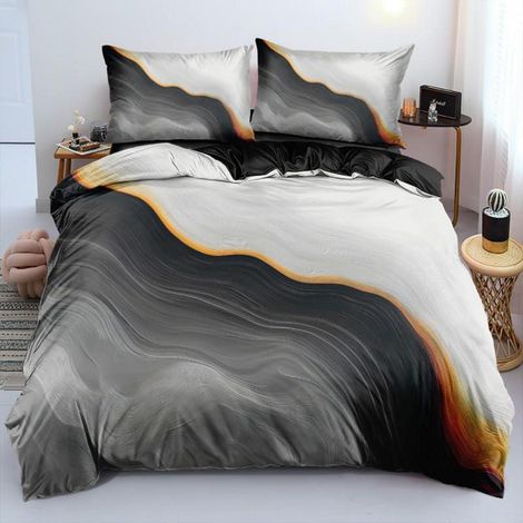 Parure de lit 220x240cm Anthracite Gris Or Aspect Marbre Microfibre Housse de couette réversible 3D