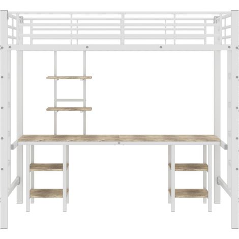 Lit mezzanine 90x200 cm métal blanc avec bureau, étagères, échelle et garde-corps- FLORAGRACE (1/5)