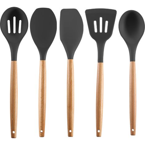 Ustensiles De Cuisine En Silicone Antiadhésif - Manche En Bois D'acacia Naturel - Pour Cuisinière, Four Et Plaque À Induction - Lot De 5 (1/5)