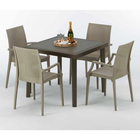 Poly Rattan Tisch Quadratisch mit 4 Bunten Stühlen 90x90 Braun Brown Passion