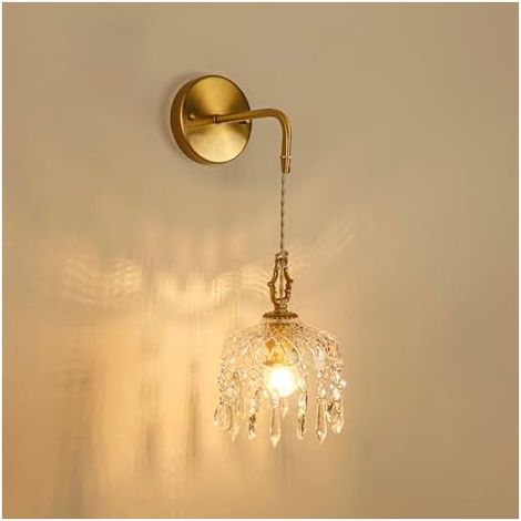 Applique murale vintage en cristal, finition laiton avec cristaux suspendus, abat-jour en verre taillé en diamant élégant (1, S) (1/5)