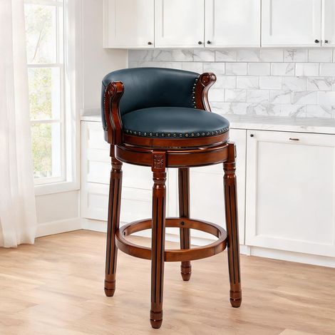 Tabouret de bar bleu en cuir véritable et bois pivotant 360° (1/5)