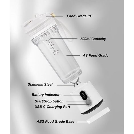 Licuadora portátil, 500 ml (17 oz), Recargable por USB, C 4000 mAh, 6 cuchillas de acero inoxidable, Mini licuadora portátil, gimnasio (1/5)