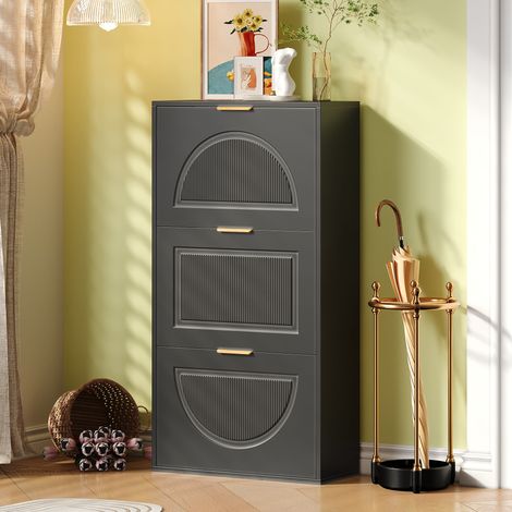 Meuble à chaussures fin à 3 volets, commode à chaussures pour hall et salon, couleur noire, dimensions : 60 x 24 x 114 cm (ancienne référence N657P285156S) (1/4)
