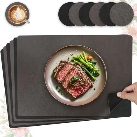 Set de table lavable et antidérapant, lot de 6 en cuir PU double face, 43x30cm carré, décoratio - Marron Foncé + Noir Carré Lot de 6 (1/5)