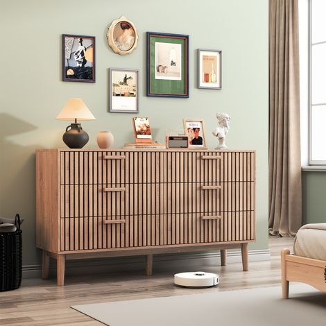 Commode 6 tiroirs bois naturel - Design Art Déco, pieds stables anti-bascule - 100x34x73 cm - Rangement spacieux chambre (1/5)