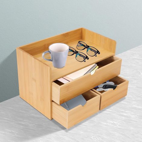 Bambus-Arbeitsflächenspeicher mit drei Schubladen, Schubladenorganisator, Büro-Speicherdose, Schubladenbox, naturfarben, 30 x 19 x 20 cm