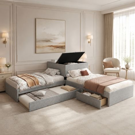 DESMIU Lit gigogne 90 × 200 cm 3 places avec rangement, 2 tiroirs et sans matelas, en lin, gris (1/4)