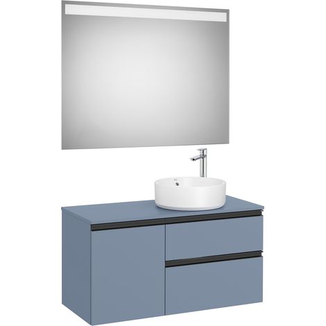 Pack meuble "The gap" 1000 pour vasque à droite - 2 tiroirs + 1 porte + plan + miroir LED - bleu mat/ poignées noires - Roca (1/2)