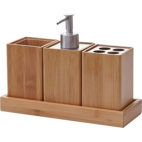 Accessoires de salle de bain 4 pièces porte brosse à dents distributeur de savon en bambou (1/5)
