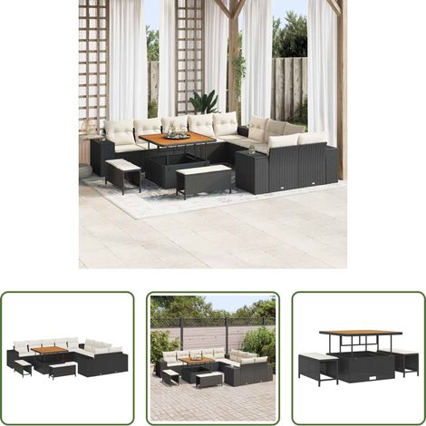 Poly-Rattan - Gartensofa-set mit Kissen 13 pcs Schwarz und Creme Poly-Rattan (1/5)