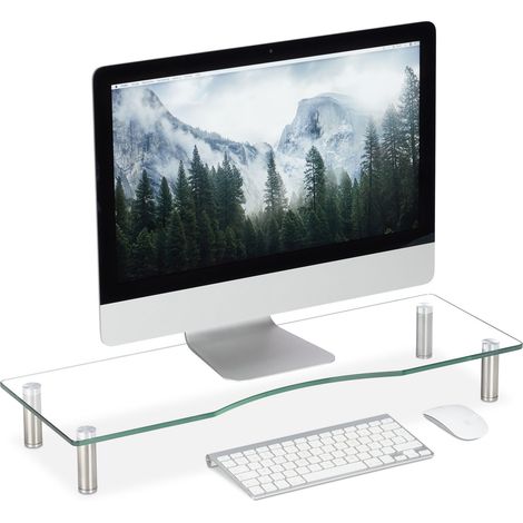 Relaxdays supporto schermo in vetro, supporto TV/notebook regolabile 9-11 cm, 70x24 cm, trasparente (1/5)