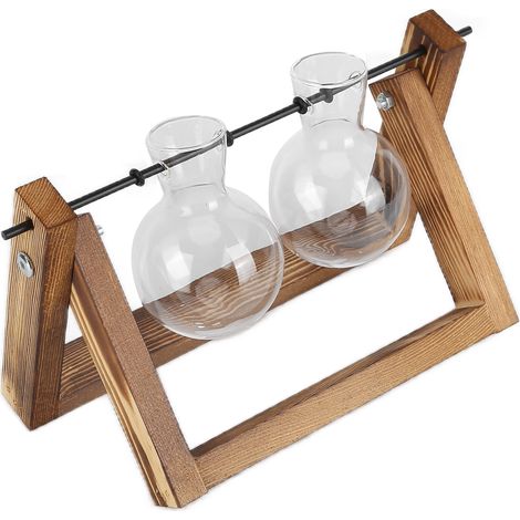 Terrarium pour plantes avec support en bois, vase en verre, pot de fleurs de bureau en verre pour la décoration de la maison ou du bureau (cadre en bois, 2 bouteilles) (1/5)
