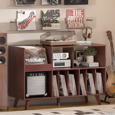 Grand Support de Tourne-Disque avec Rangement, Support en Vinyle avec Zone d'affichage, Table de Tourne-Disque pouvant contenir jusqu'à 450 Albums (Noyer) (1/5)