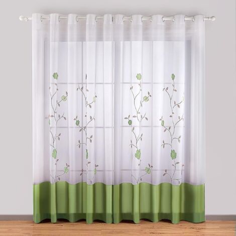 Lot de 2 Rideaux à Oeillets Voilages Broderie Floral pour Chambre Cuisine Salon, 140cmx245cm, Vert-Ensoleillé (1/5)