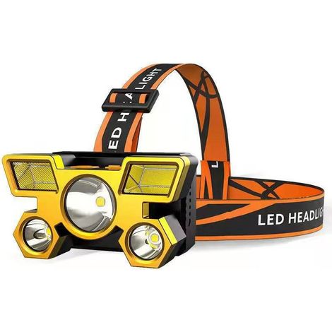 Lampe Frontale ABS Chargement USB Forte Lumière Longue Distance Phare de Camping pour Équitation de Nuit Pêche de Nuit Doré 5 Source Lumineuse,DUBUNS