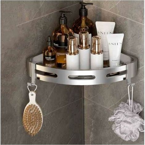 SHINING HOUSE Eck-Duschregal aus Metall ohne Bohren mit 2 Haken für die Dusche, selbstklebender Rostschutzhalter für Badezimmerartikel (1 silberne Dreiecke), 28,5 x 21,5 cm (1/5)