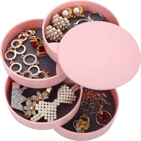 Boîte à bijoux ronde rotative à 4 niveaux, organiseur de bijoux, coloris rose (1/5)