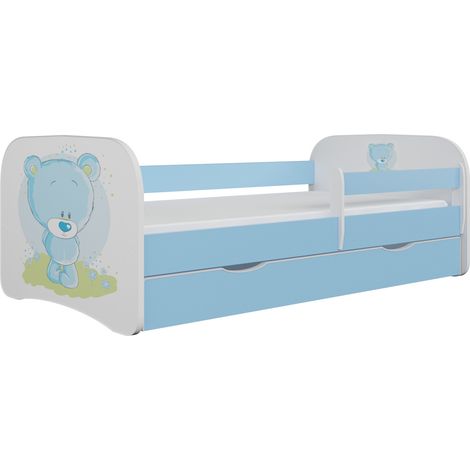 Lit enfant bleu nounours avec sommiers et barrière de sécurité amovible Drimy-80x160 (1/5)