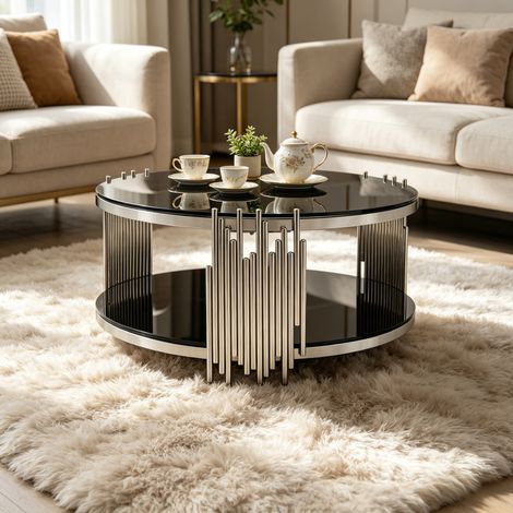 Table basse ronde 80x80x45 cm noire et argentée en verre trempé et acier inoxydable avec double plateau (1/5)
