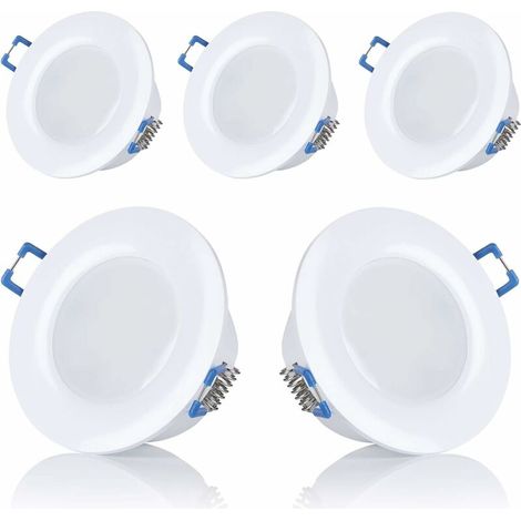 Set di 5 faretti LED da incasso per bagno, IP44, 230V, ultrapiatti, 5W, disponibili in bianco caldo e bianco freddo, rotondi, bianchi, per bagno, diametro apertura: 75-80mm [Classe