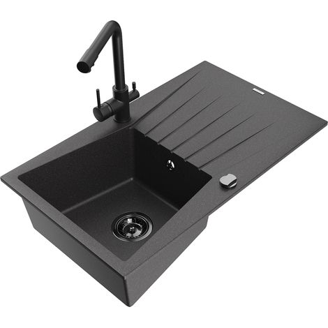 Mexen Cesar 1 Becken-Granitspüle mit Abtropffläche und Mischbatterie Duero, Schwarz gesprenkelt - 6514-76-671600-70-B