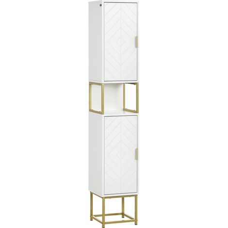 Colonna Bagno con 2 Armadietti e Ripiano in MDF e Acciaio, 30x30x170.7cm, Bianco e Oro