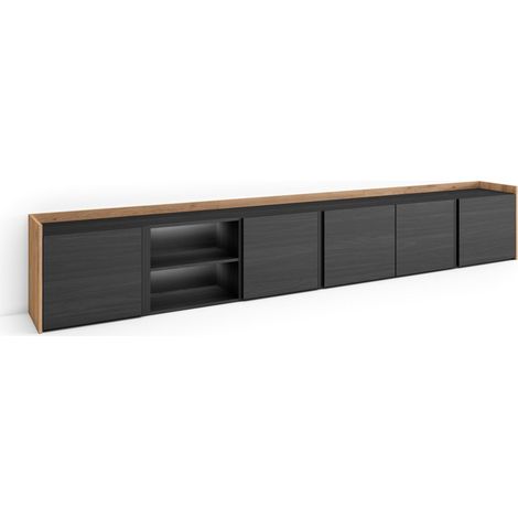 Skraut Home - Mueble TV, Televisión, Muebles de salón, almacenaje, 309x35x50cm, Para TV hasta 80", LED, Estilo Moderno, Negro y roble (1/5)