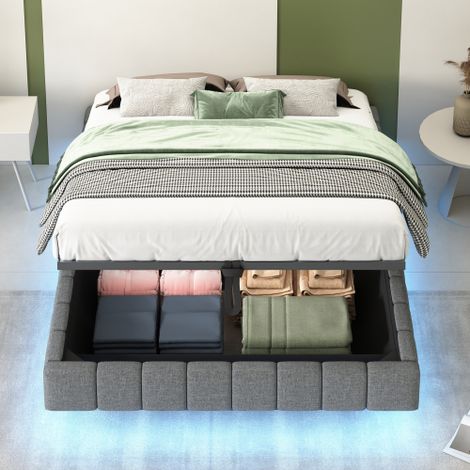 Lit rembourré 140x200 cm, sommier hydraulique avec espace de rangement, lit rembourré multifonctionnel sans tête de lit avec éclairage LED, lin gris (1/5)