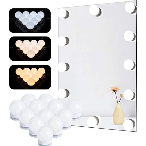 Lumière de Miroir, 12 Ampoules Hollywood Kit de Lumière LED Dimmable Lampe pour Miroir Cosmétique Salle de Bain 3 Couleurs 10 Niveaux de Luminosité avec Adaptateur (Miroir Non Inclus) [Classe énergéti