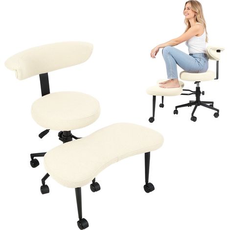 Chaise à pieds croisés - chaise de bureau - Pédales rotatives à 360° - Surface en velours + coussin en mousse - Conception ergonomique - Expérience d'assise confortable - 72×75×93cm - Blanc (1/5)