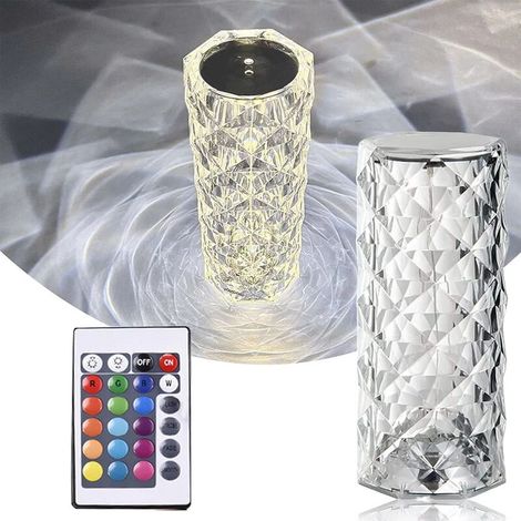Lampe de bureau Lampe de table en cristal de diamant, lampe en cristal rose créative, lampe de table d'atmosphère à télécommande tactile multicolore, charge USB, pour chambre/bar/restaurant (16 couleu