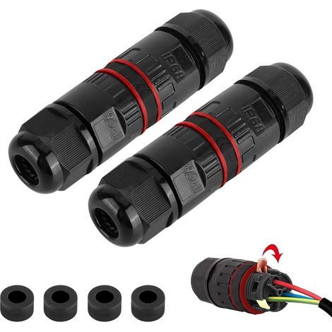 2er-Pack IP68 wasserdichte Kabelverbinder – 3-poliger wasserdichter Kabelverbinder – Für Kabel mit 3 bis 12 mm Durchmesser – Wasserdichte Außenanschlussdose – Schwarz (1/5)