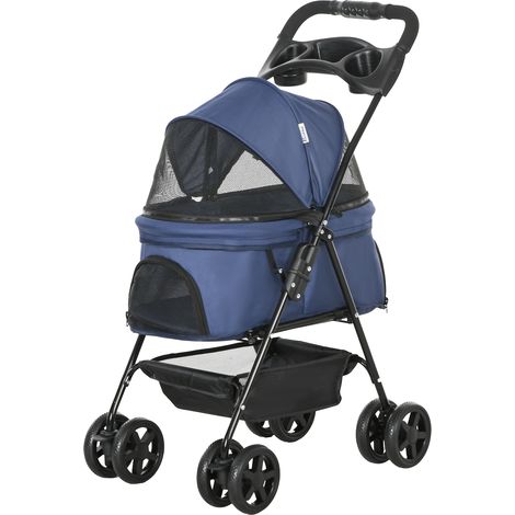 Chariot pour petits chiens avec roues universelles, corbeille de rangement, ceintures de sécurité, fenêtres 67x45x96 cm Bleu