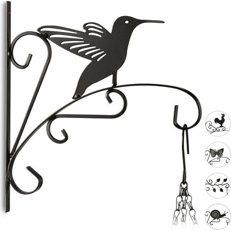 3x Plant Hook, Flower Hanger for the Wall, Metal Garden Decor, Bird Motifs, HxWxD: 30 x 28 x 2 cm, Black