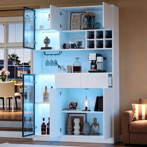REDOM vitrina aparador 120x33x200 cm, 6 puertas, 2 cajones, LED y estantes abiertos, tablero de partículas y vidrio templado, blanco (1/5)