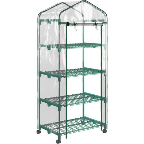 Serre de jardin avec étagères 4 niveaux, serre de balcon, bâche renforcée, châssis en acier, porte zippée, pour légumes plantes fleurs, intérieur et extérieur, 69 x 50 x 165 cm, transparent