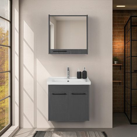 Mobile bagno sospeso 65 cm grigio effetto legno con armadietto a specchio Sofia (1/5)