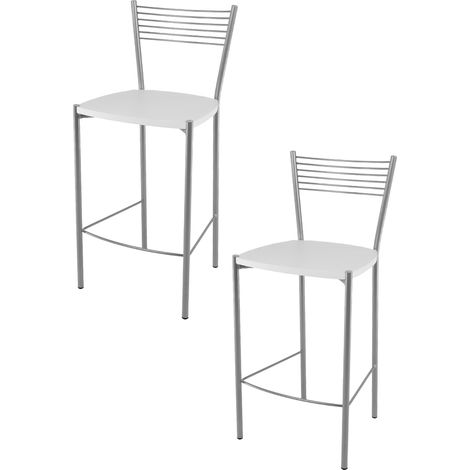 Tommychairs - Set 2 sgabelli alti modello Elegance per cucina e bar, struttura in acciaio verniciata colore alluminio e seduta in legno colore bianco (1/4)
