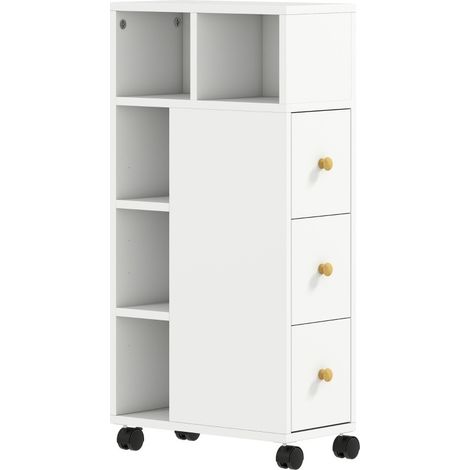 Mobiletto bagno stretto bianco con 3 cassetti e 5 vani aperti, 20 x 40 x 80 cm, con ruote (1/5)