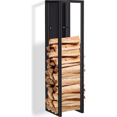 Randaco Range bûches intérieur/Extérieur métal noir Porte-bûches mural incl. sac à bois de chauffage H 100cm