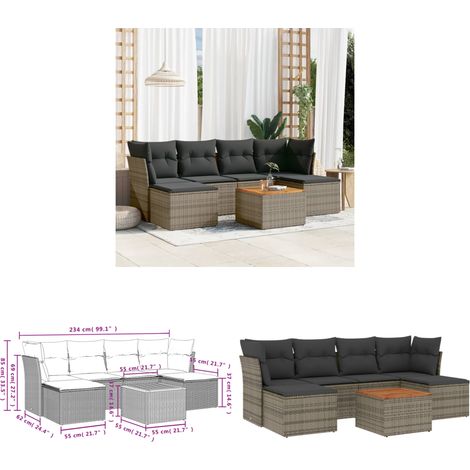 7-tlg. Garten-Sofagarnitur mit Kissen Grau Poly Rattan - Gartensorte - Gartenmöbelset - PE-Rattan Möbel - Outdoor Sofa - Lounge Set - Home & Living (1/3)