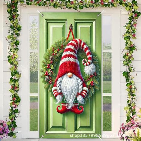Bannière de porte décorative Noël - 90x210cm - Polyester - Design Gnome/Snowman - Rouge et Blanc (1/2)
