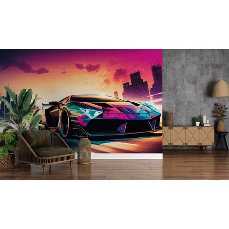 Papier peint voitures - voiture de course multicolore de nuit - 150 x 250 cm (1/2)