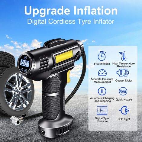 Gonfiatore per pneumatici per auto, compressore d'aria portatile da 7000 mAh e 12 V, pompa elettrica per compressore per auto ricaricabile da 150 PSI con LED e adattatori per ugelli (1/4)